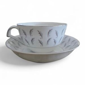 Vintage Kent Japan Normandy 7 Cup 8 Saucer Blue Gray Silver Trim Leaves Elegance